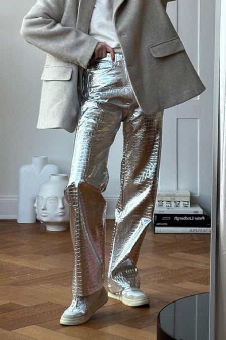 Pu Leather Scale High Waist Long Pants