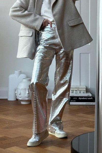 Pu Leather Scale High Waist Long Pants