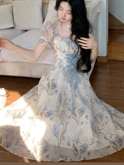 Y2k Midi Dress Kawaii Lolita Lace-up Square Collar High Waist Princess Evening Party Dresses Prom Robe Vestido New