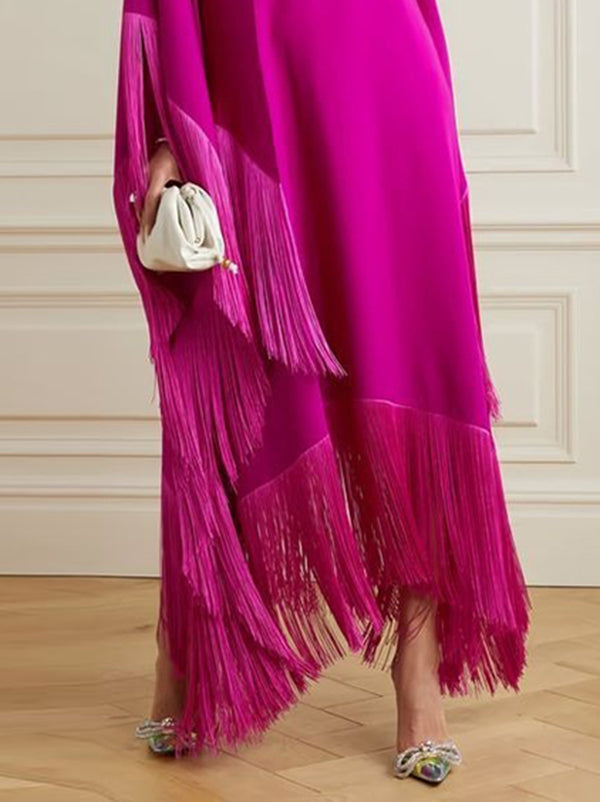 Batwing Sleeves Loose Color Split-joint Tasseled High Neck Evening Dresses Maxi Dresses