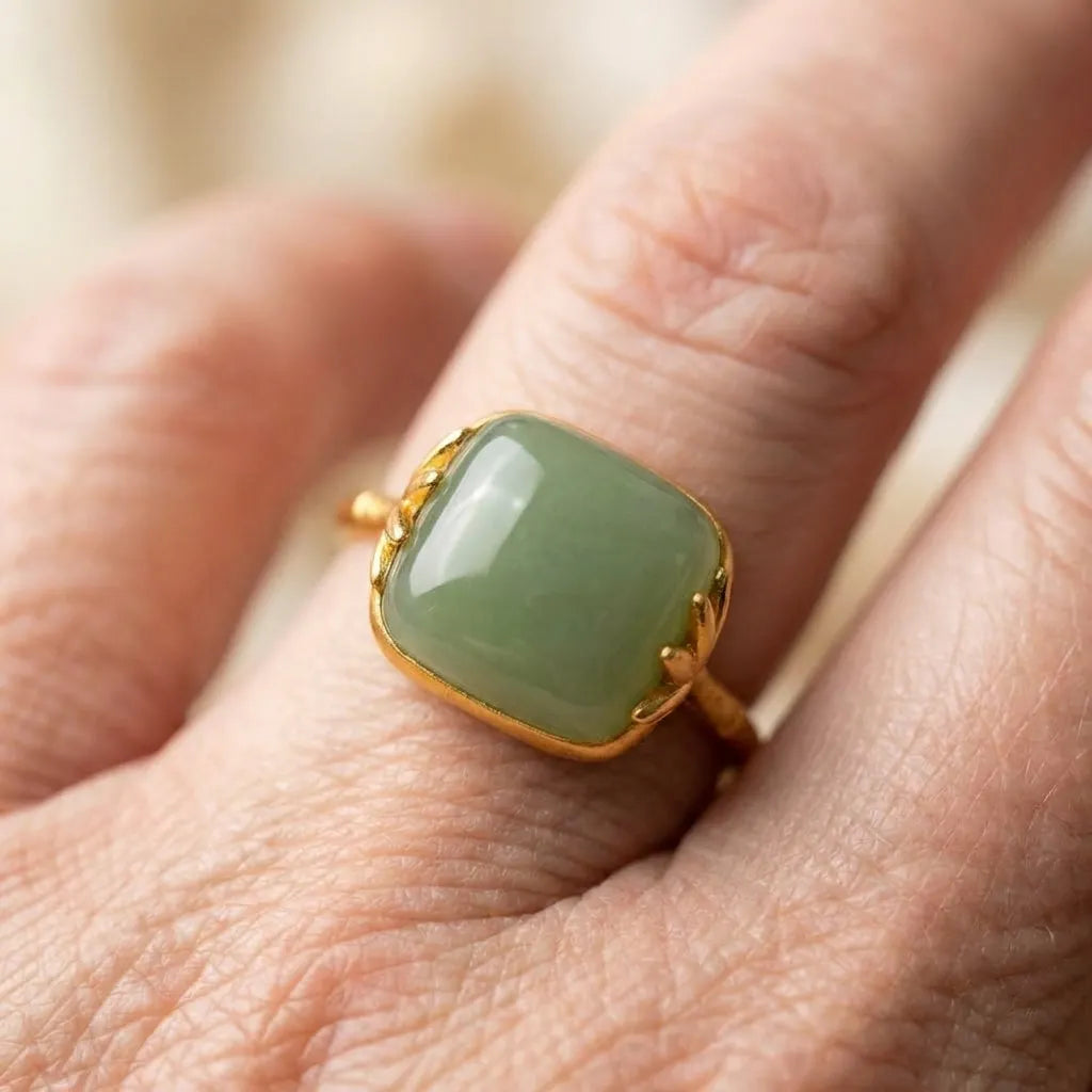 Vintage Gold Green Jade Adjustable Ring
