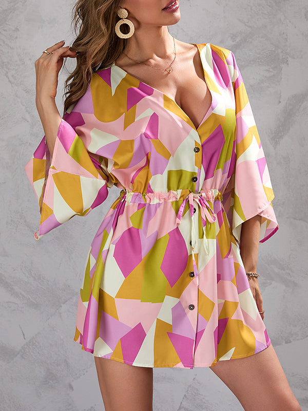 A-line Half Sleeves Buttoned Drawstring Printed V-neck Mini Dresses
