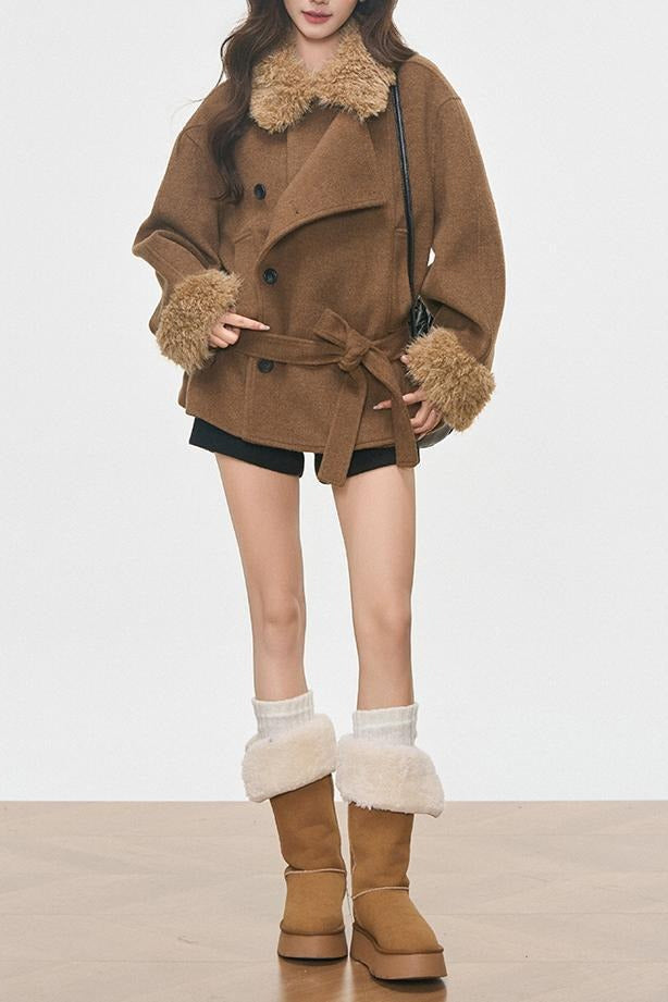 Fur Collar Fur Cuffs Short Woolen Coat