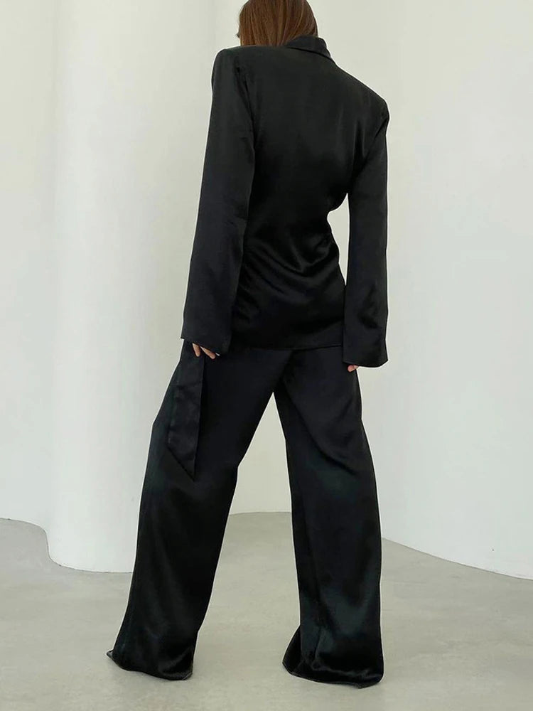 Deep V-neck Long Sleeve Bandage Blouse and Wide Leg Pants Set Loose Sets Spring Outwears