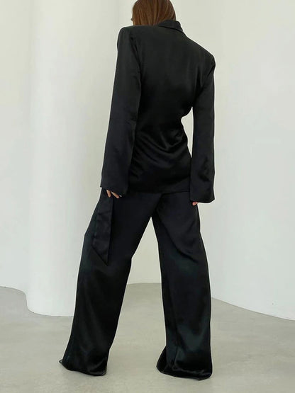 Deep V-neck Long Sleeve Bandage Blouse and Wide Leg Pants Set Loose Sets Spring Outwears