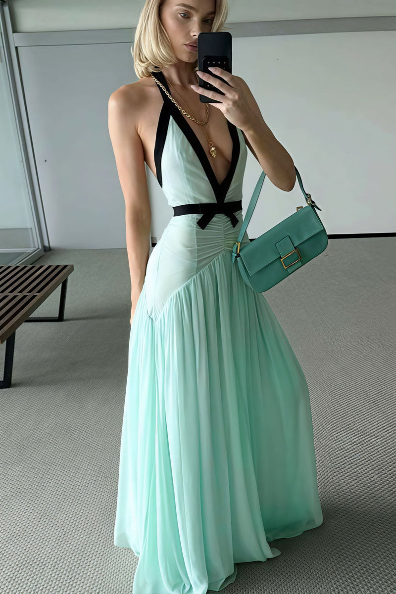 Deep V Halter Cutout Mesh Maxi Dress