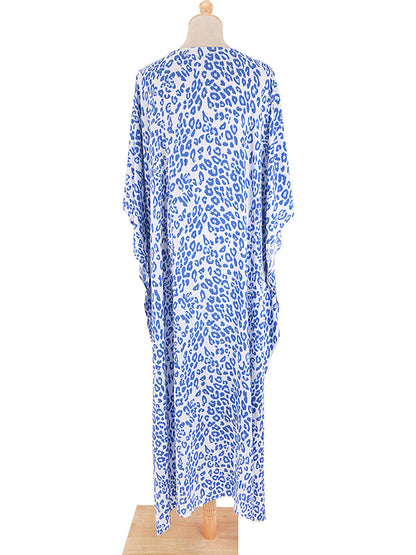 Batwing Sleeves Loose Leopard Split-side Sun Protection V-neck Cover-ups Swimwear Maxi Dresses