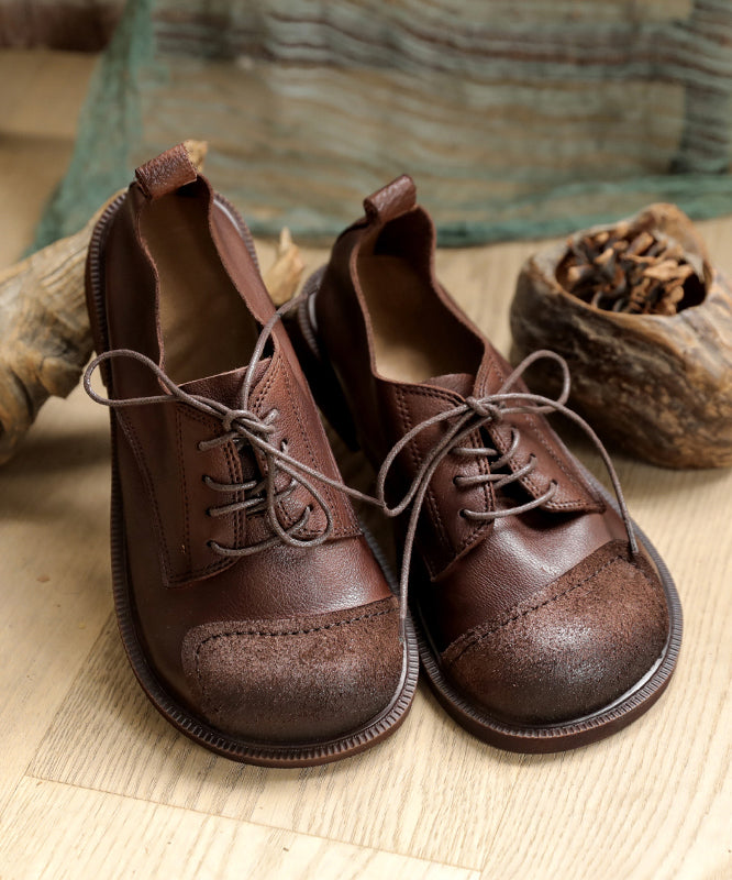 Retro Splicing Flat Shoes for Lace Up Chocolate Cowhide Leather Flat Shoes