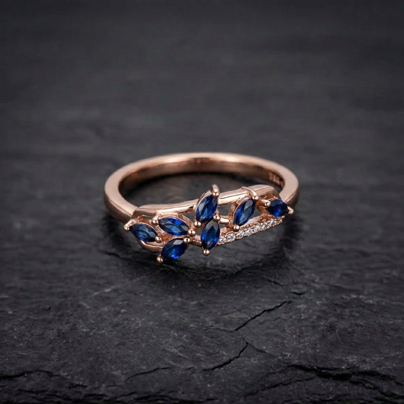 Leaf Shape Blue Zircon Paved Ring