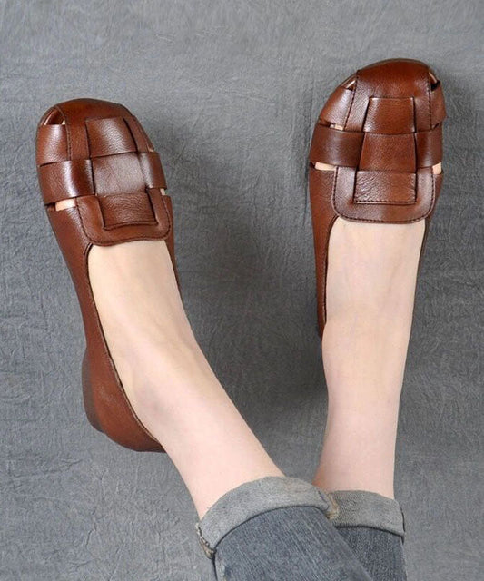 Brown Flat Feet Shoes Cowhide Leather Stylish Splicing Flat Shoes for