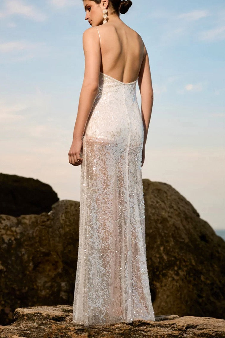 Patchwork Sheer Backless Cami Sequin Maxi Dress