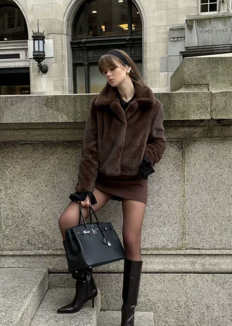 Plush Faux Fur Short Coat – Dark Brown