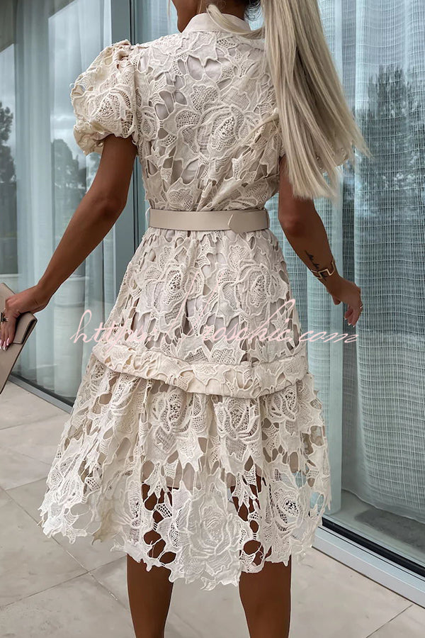 Absolutely Crochet Lace Puff Sleeve Belted Shirt Midi Dress