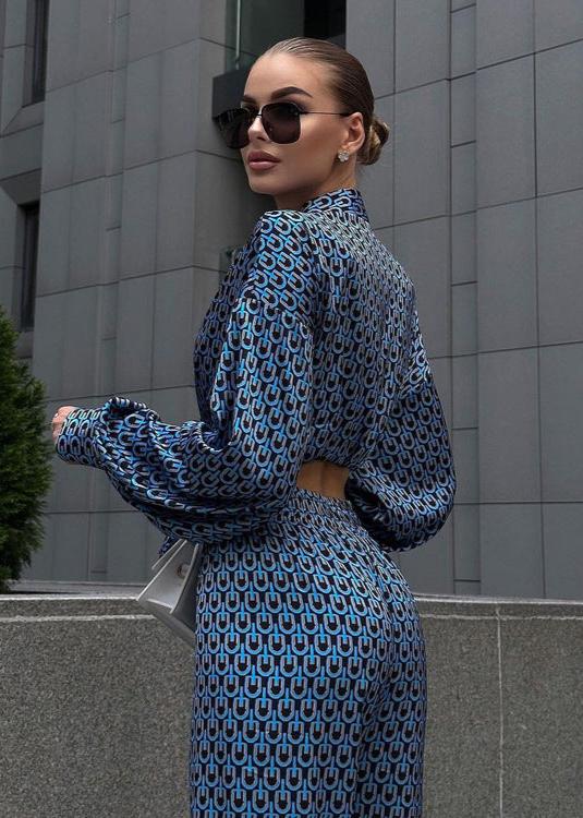 Ease - Printed Button-up Shirt and Wide-leg Pants Set