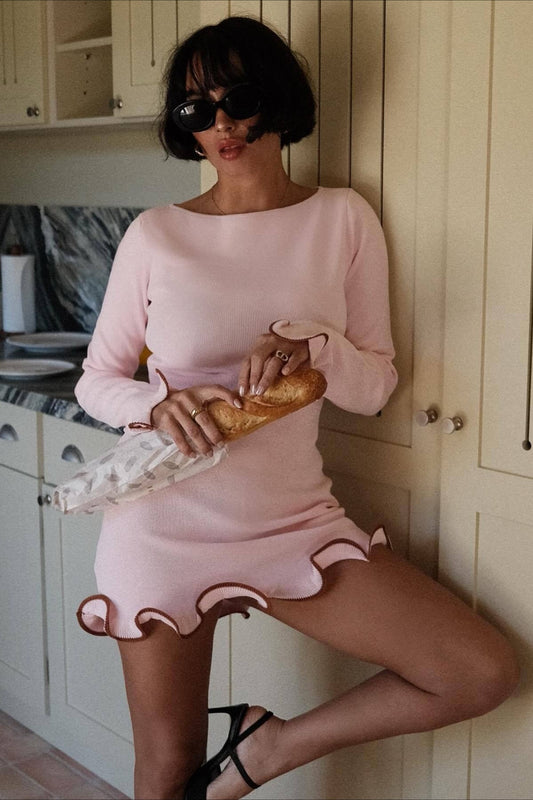 Fitted Ruffled Wave Edge Long Sleeve Mini Dress