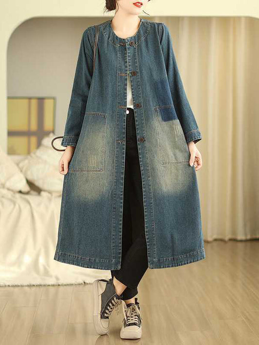 A-line Long Sleeves Buttoned Pockets Round-neck Midi Dresses Outerwear