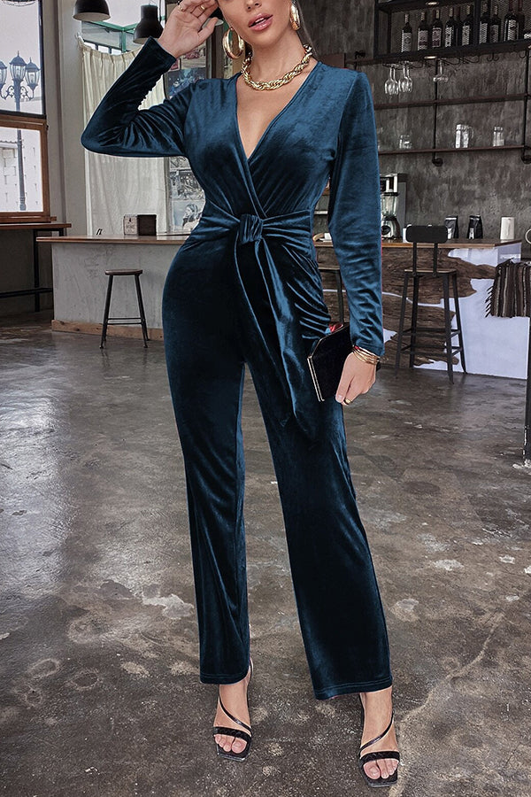 Color Velvet Deep V Belt Slim Jumpsuit