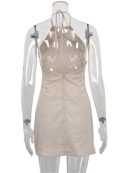 Female Backless Mini Dress Lace-up Basic Hanging Neck Patchwork Off-shoulder Dress Dress