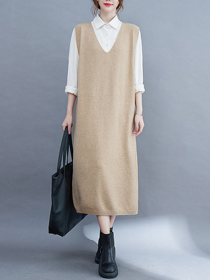 Color Knitting V-neck Sleeveless Sweater Dress