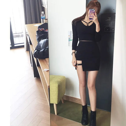 Korean Style Black Package Hip Skirts Irregular Hem Pencil Micro Mini Skirt Slim Party Skirts