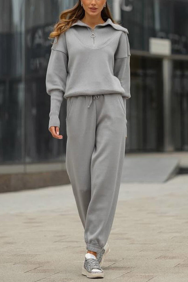 Color Long-sleeved Zip-up Sweatshirt and Elastic Waist Loose Pocket Pants Set