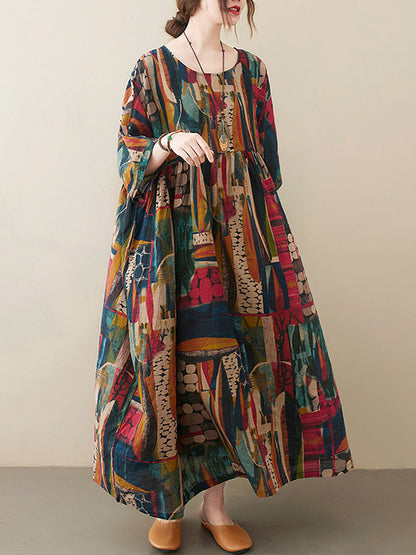 Loose Abstract Printed Pleated Round-neck Half Sleeves Midi Dress