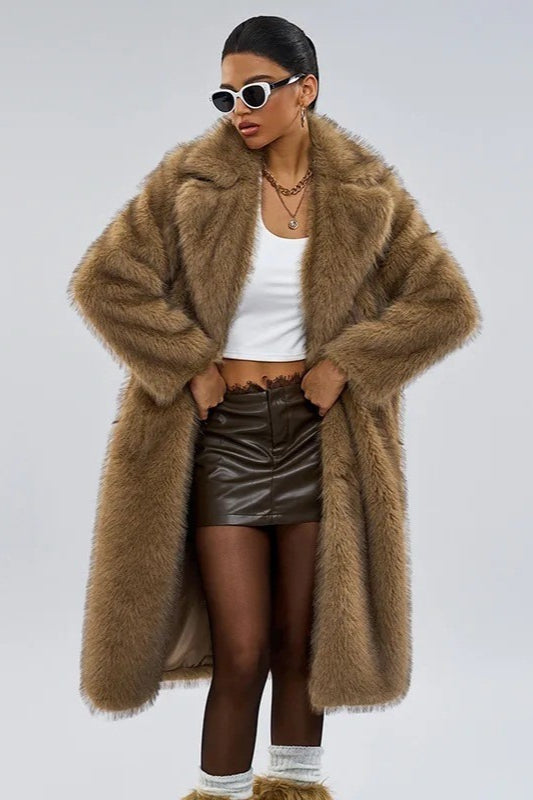 Long Faux Fur Shawl Collar Winter Coat