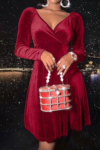 Velvet Long Sleeve V-neck Midi Dress