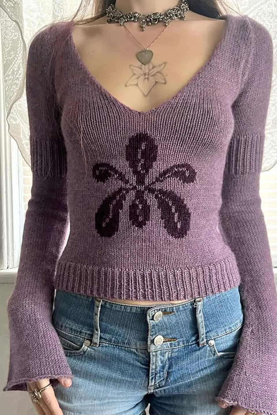 V Neck Jacquard Sweater