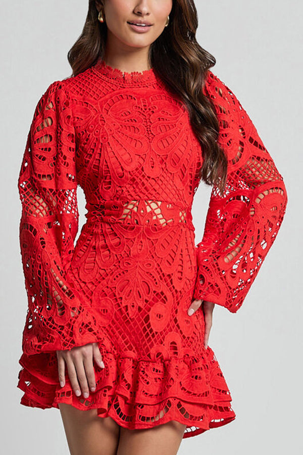 Color Hollow Long-sleeved Waisted Lace Mini Dress