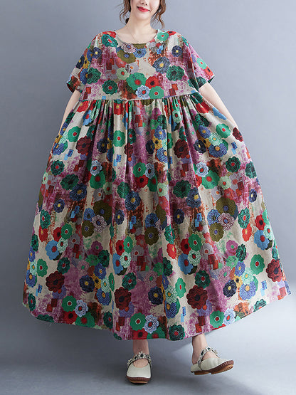 Loose Multi-colored Printed Midi Dress