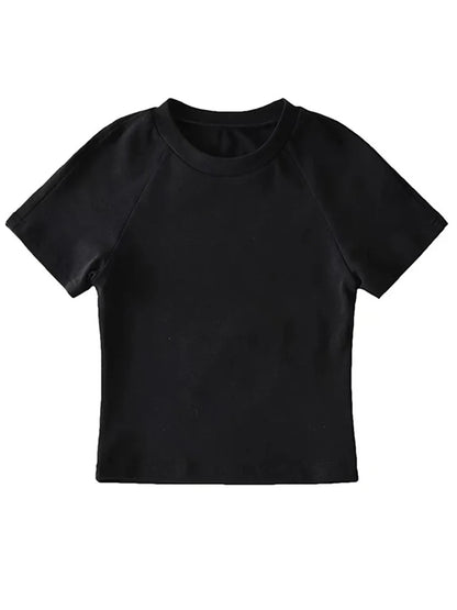 Off Back Raglan Sleeves Slim Fit Short Sleeve Short Open Navel T-shirt