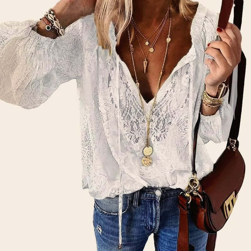 Button Lace-up Long Sleeve Blouse