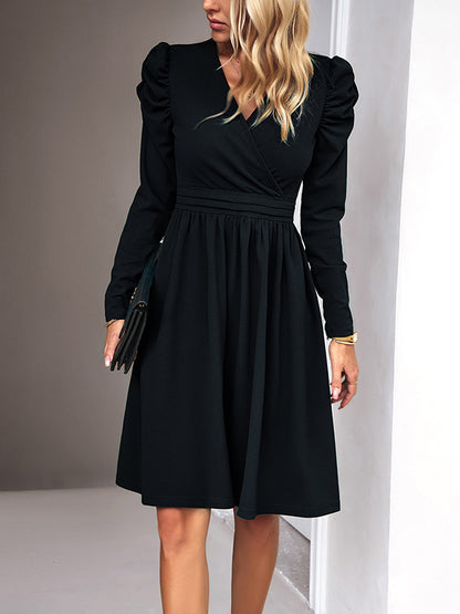 Puff Sleeves Skinny Pleated Color Split-joint V-neck Midi Dresses