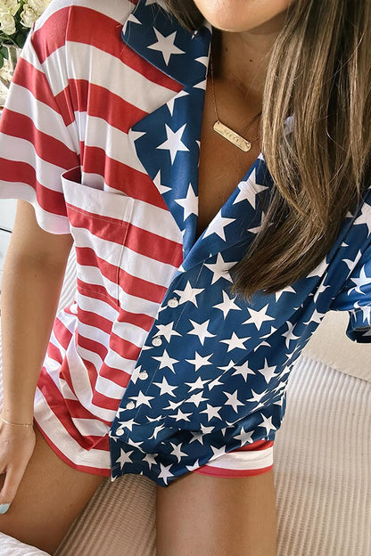 Summer Adventures Unique Print Pocket Loose Shirt and Elastic Waist Shorts Pj / Vacay Set