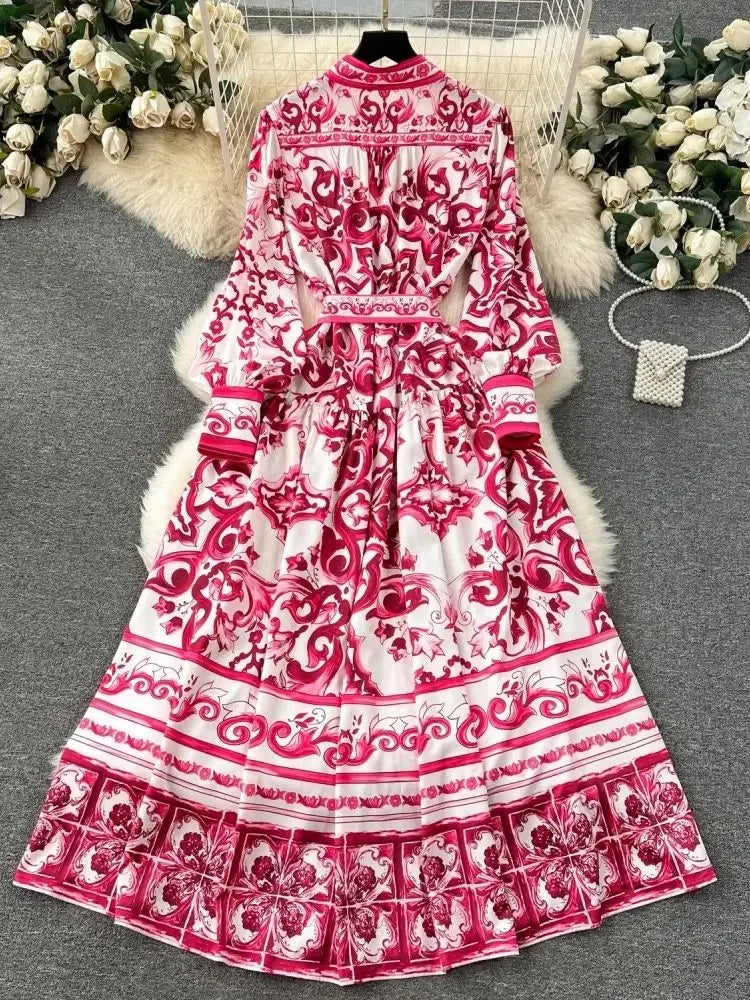 Long Dress Printing Long Sleeve Maxi Dresses Slim A-line High Waisted Bandage Long Robe Vestidos