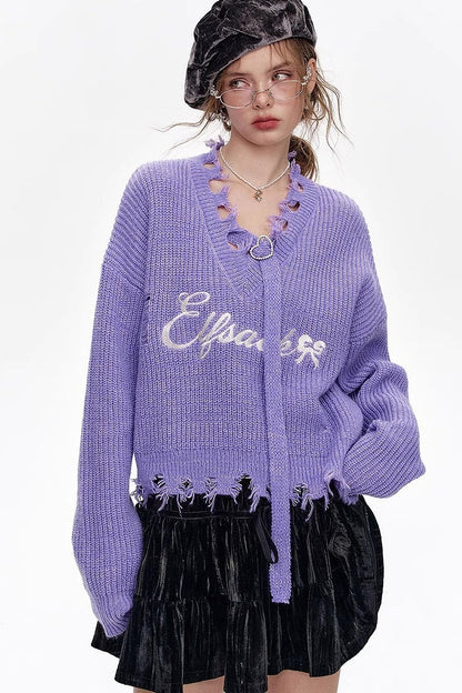 Red Embroidered Raw Edge Wool Blend Sweater