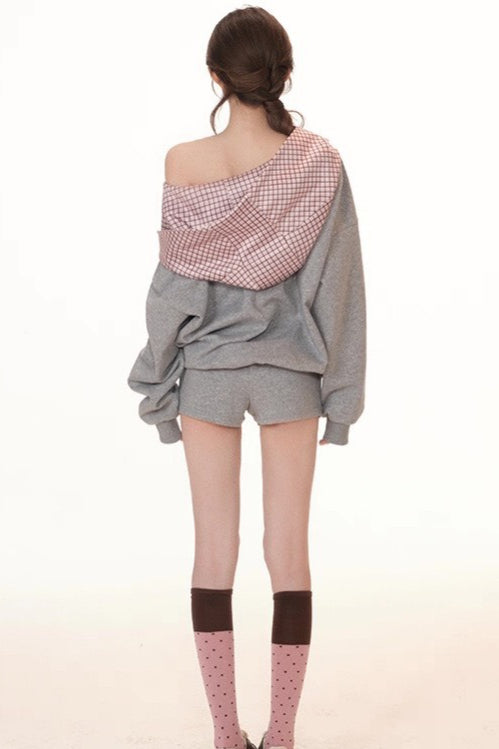 Plaid Patchworkoff-the-shoulder Oversized Two Piece Set