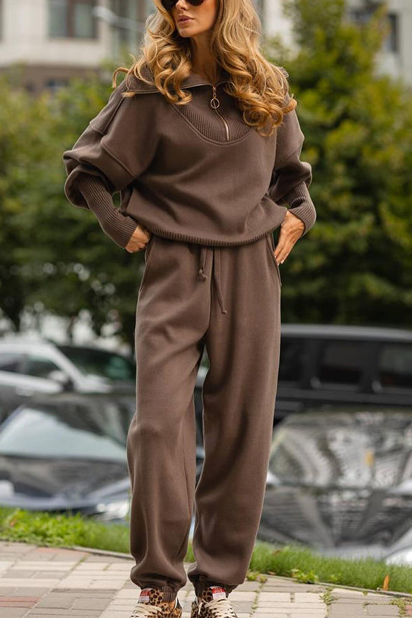 Color Long-sleeved Zip-up Sweatshirt and Elastic Waist Loose Pocket Pants Set