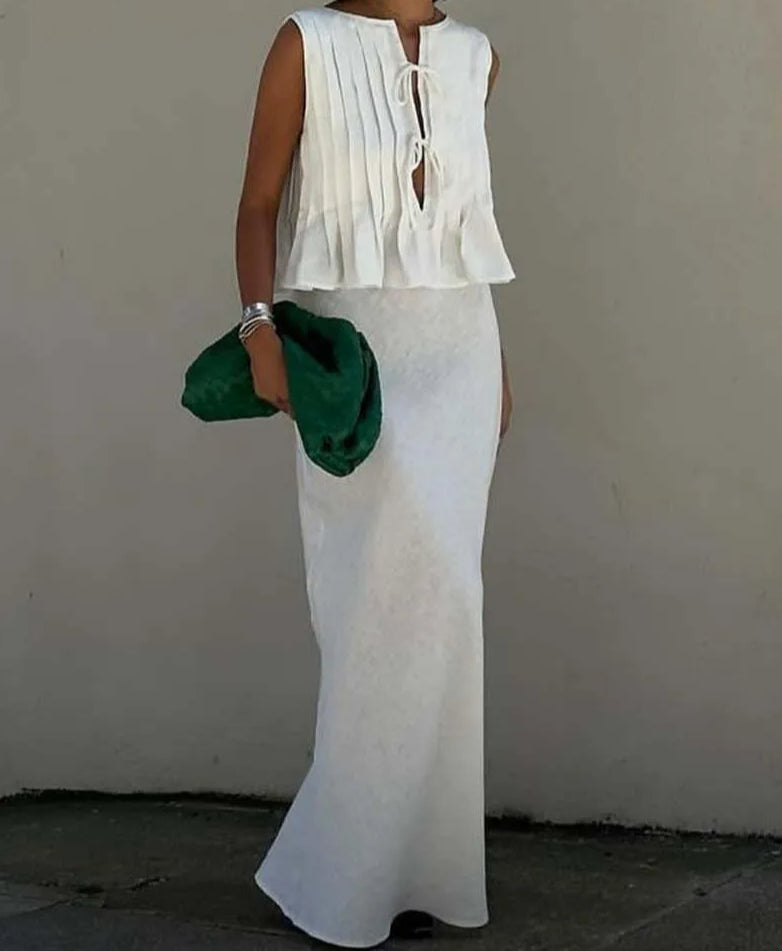 White Cotton Lace-up Ankle Skirt Office Two Piece Set