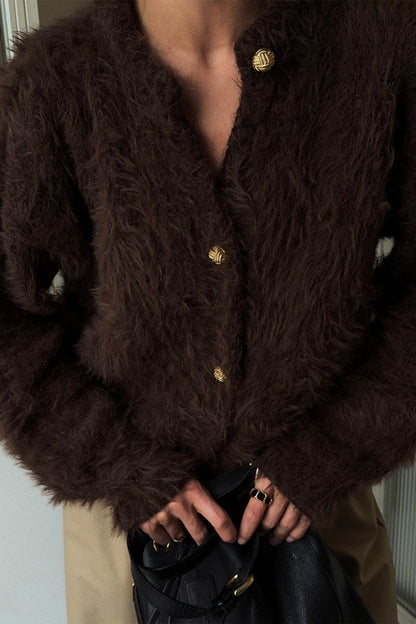 Color Button-up Faux Fur Knit Sweater