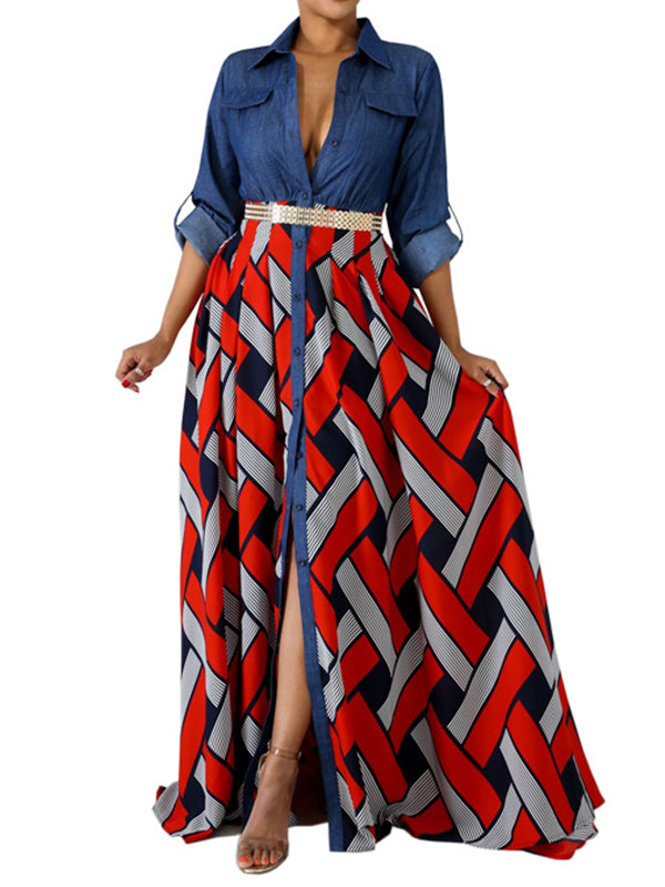 Long Sleeves Loose Buttoned Elasticity Printed Split-joint Lapel Maxi Dresses