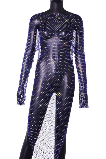 Best Layering Items Mesh Wide Neck Long Sleeve Slit Cover-up Maxi Dress