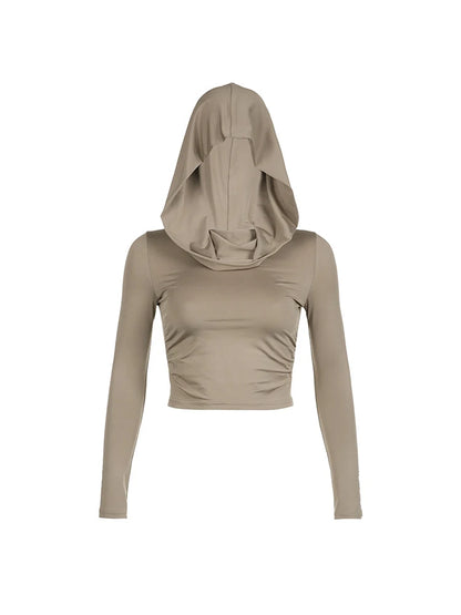 ’s Hooded Crop Tops Autumn Color Long Sleeve Cowl Neck Slim Fit Short T-shirt Sporty Basics Tees