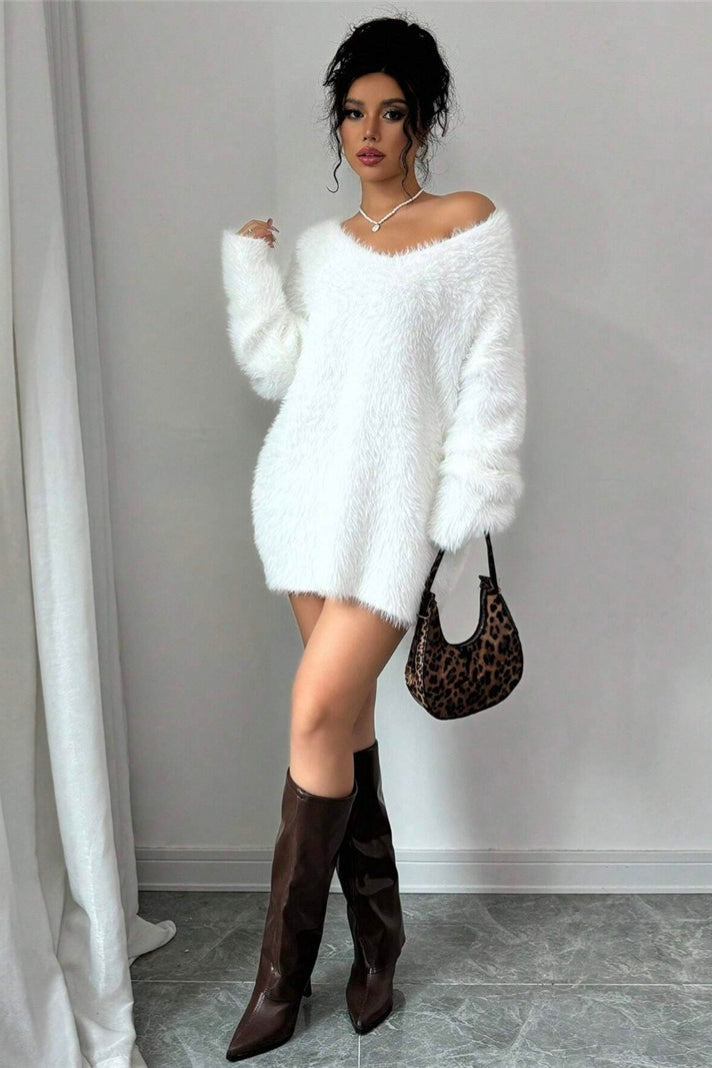 V-neck Cozy Fuzzy Loose Fit Sweater