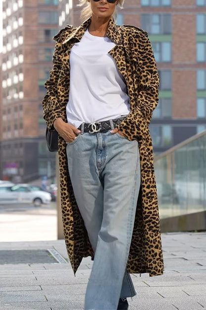 Lapel Open Front Leopard Midi Coat
