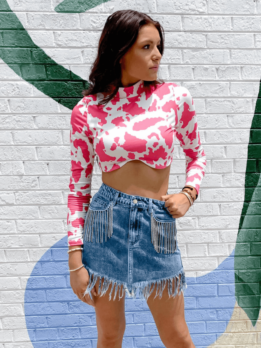 Krysten Sequins Fringe Tassel Hem Denim Mini Skirt