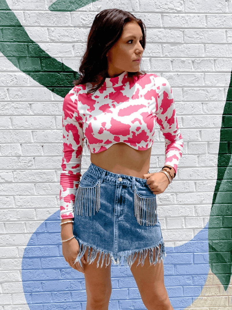 Krysten Sequins Fringe Tassel Hem Denim Mini Skirt