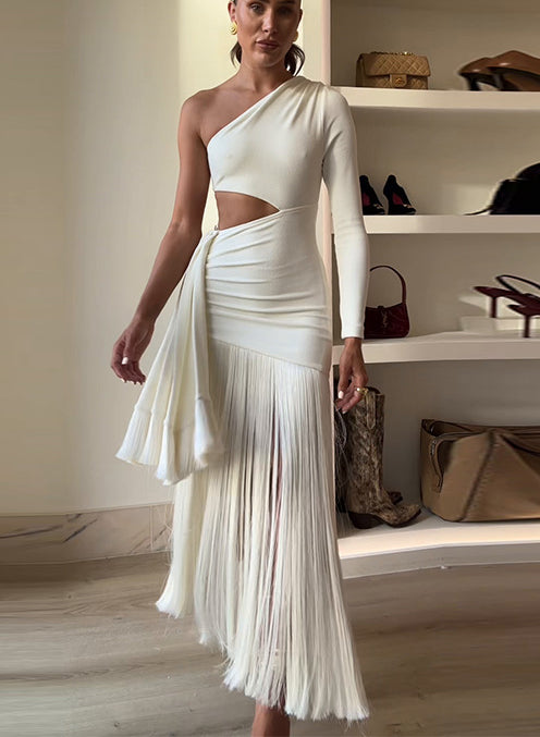 Milk White Elite Class Single Shoulder Hollow Hanging Tassel Design With Edging Elastic Long Skirt