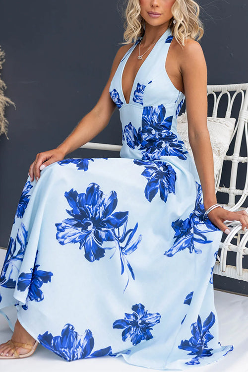 Halter V Neck Back Lace-up Waisted Print Maxi Dress